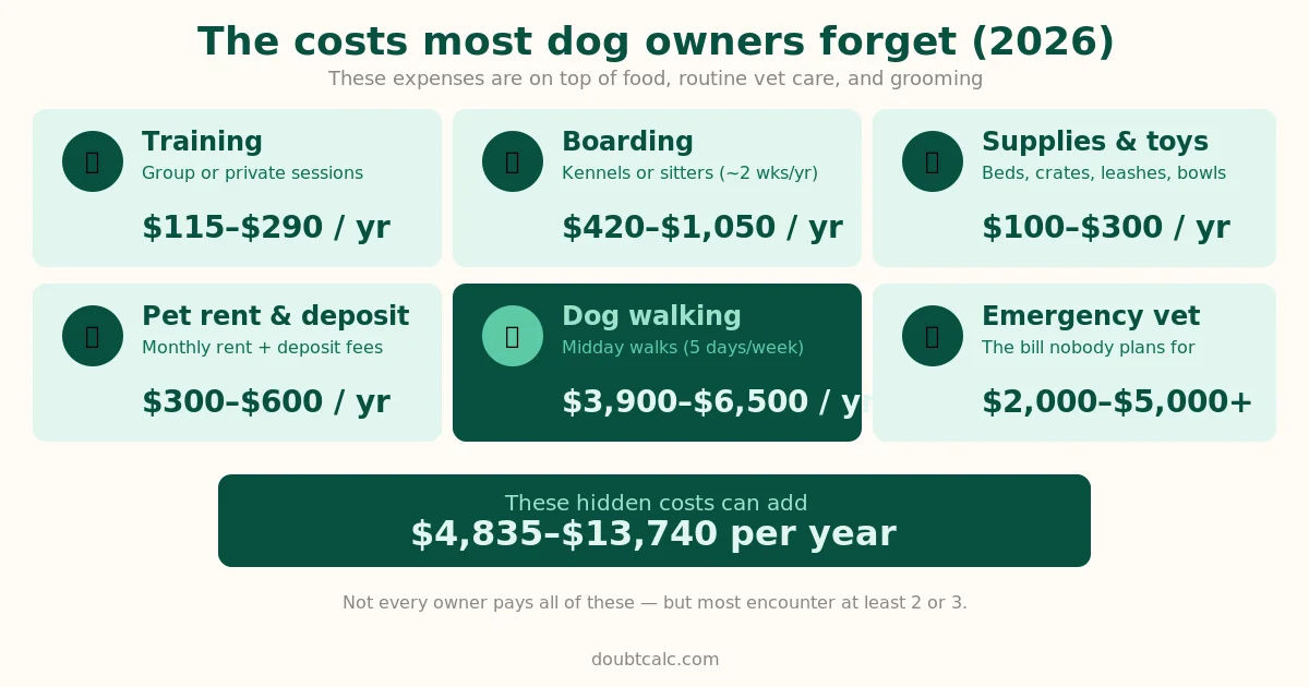 Infographic showing six hidden costs of dog ownership: training, boarding, supplies, pet rent, dog walking, and emergency vet
